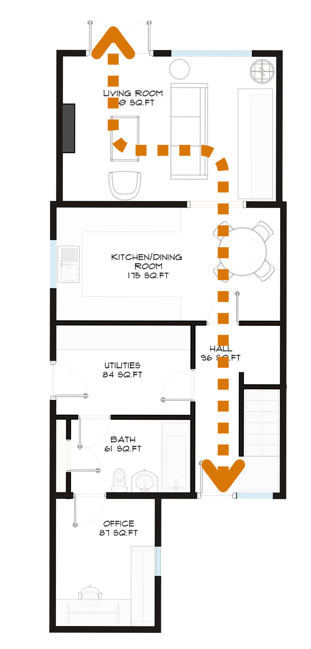 Existing floor plan showing a blocked circulation path
