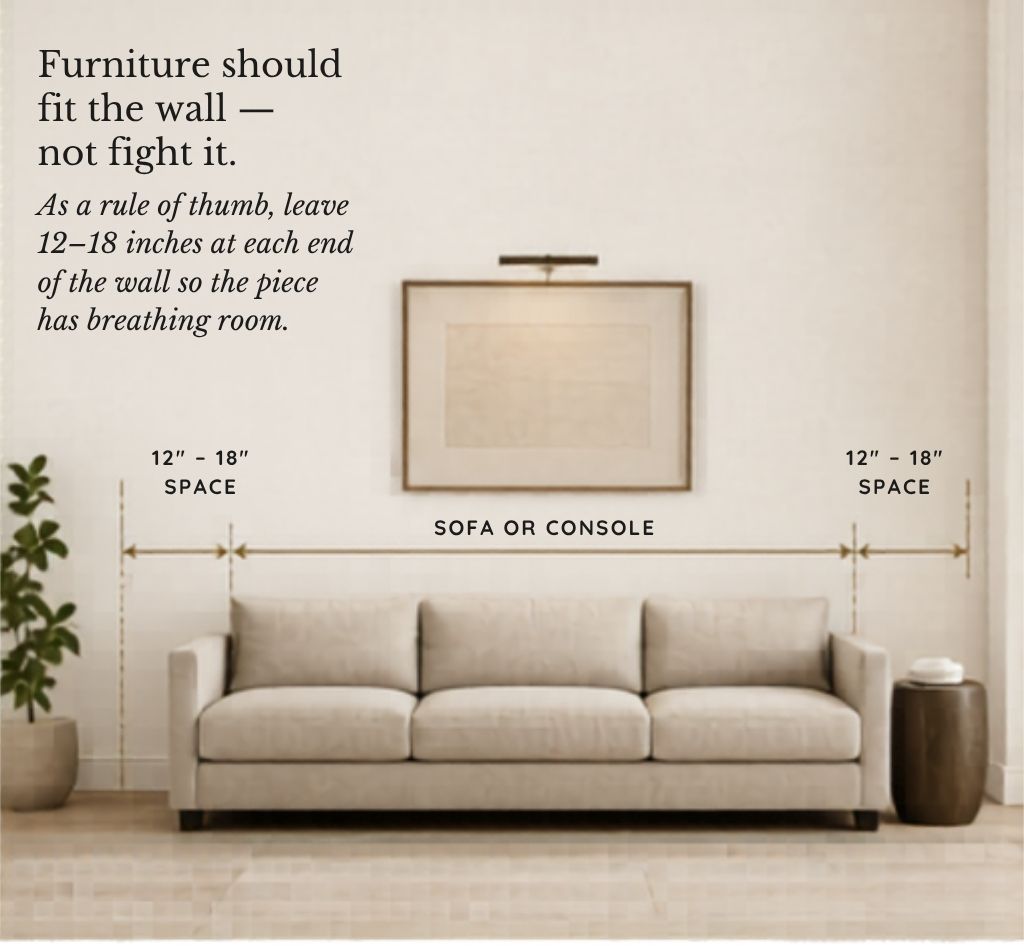 Wall elevation showing furniture breathing room at both ends