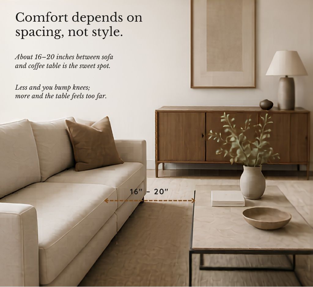 Sofa and coffee table spacing diagram showing 16 to 20 inches