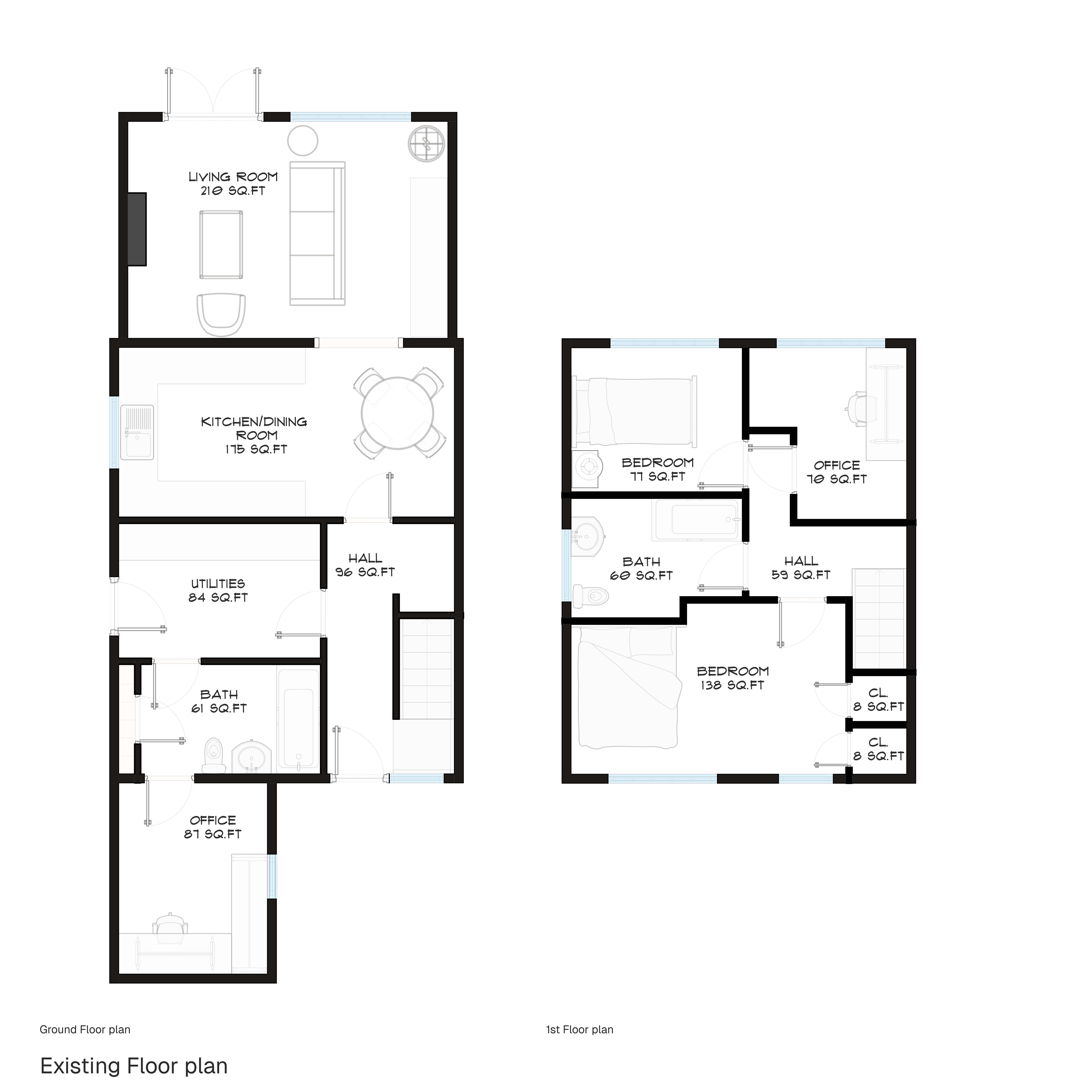 Existing annotated floor plan showing disproportionate hall and utility space