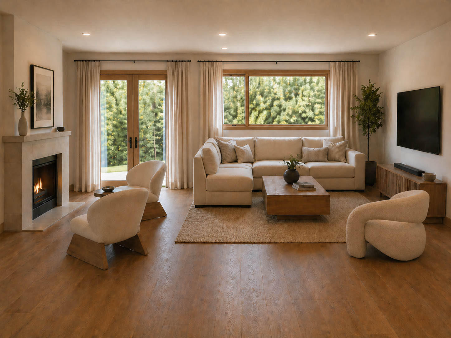 Proposed living room render — reorganized around a clear conversation grouping