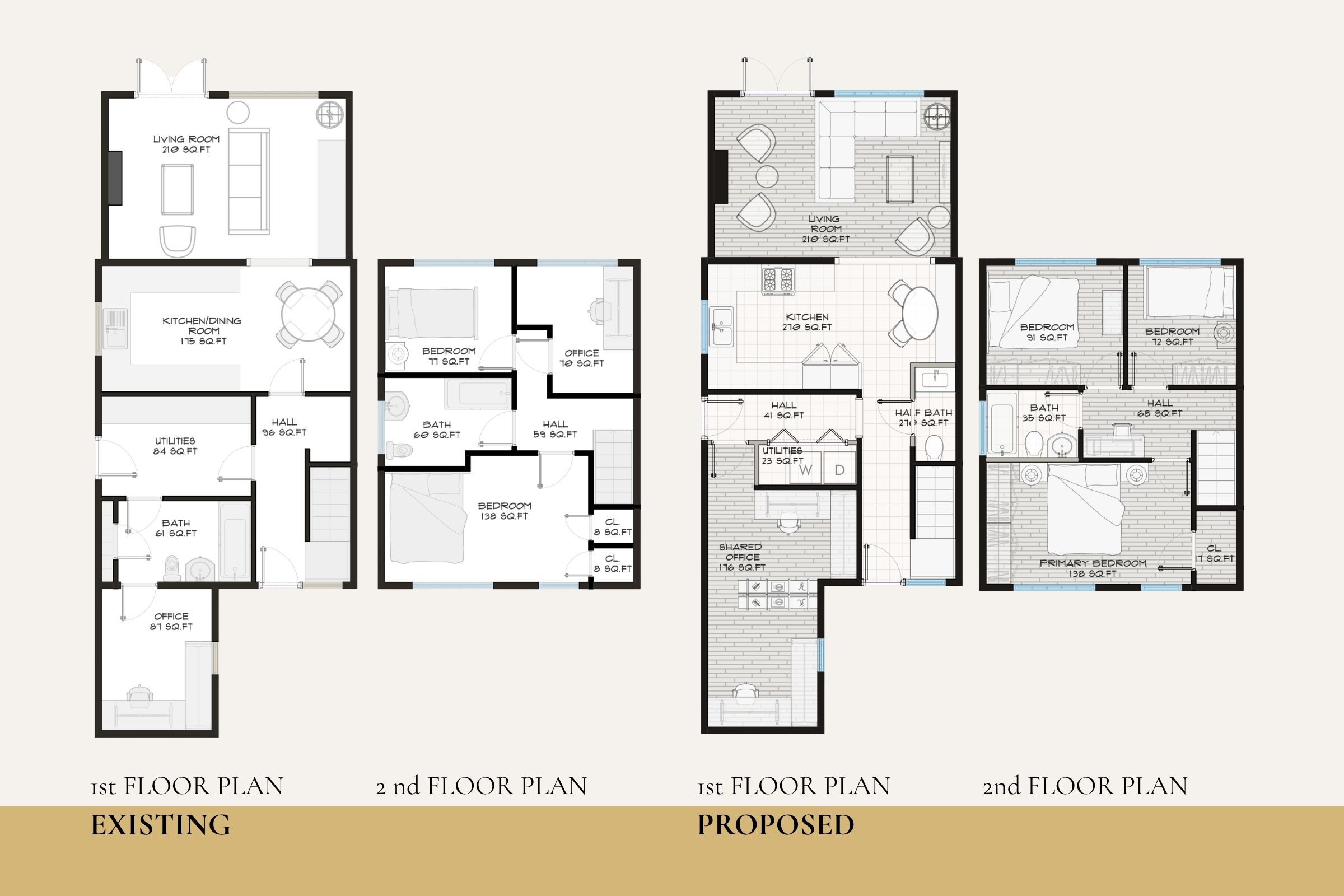 Before and after floor plan comparison — existing on left, proposed on right