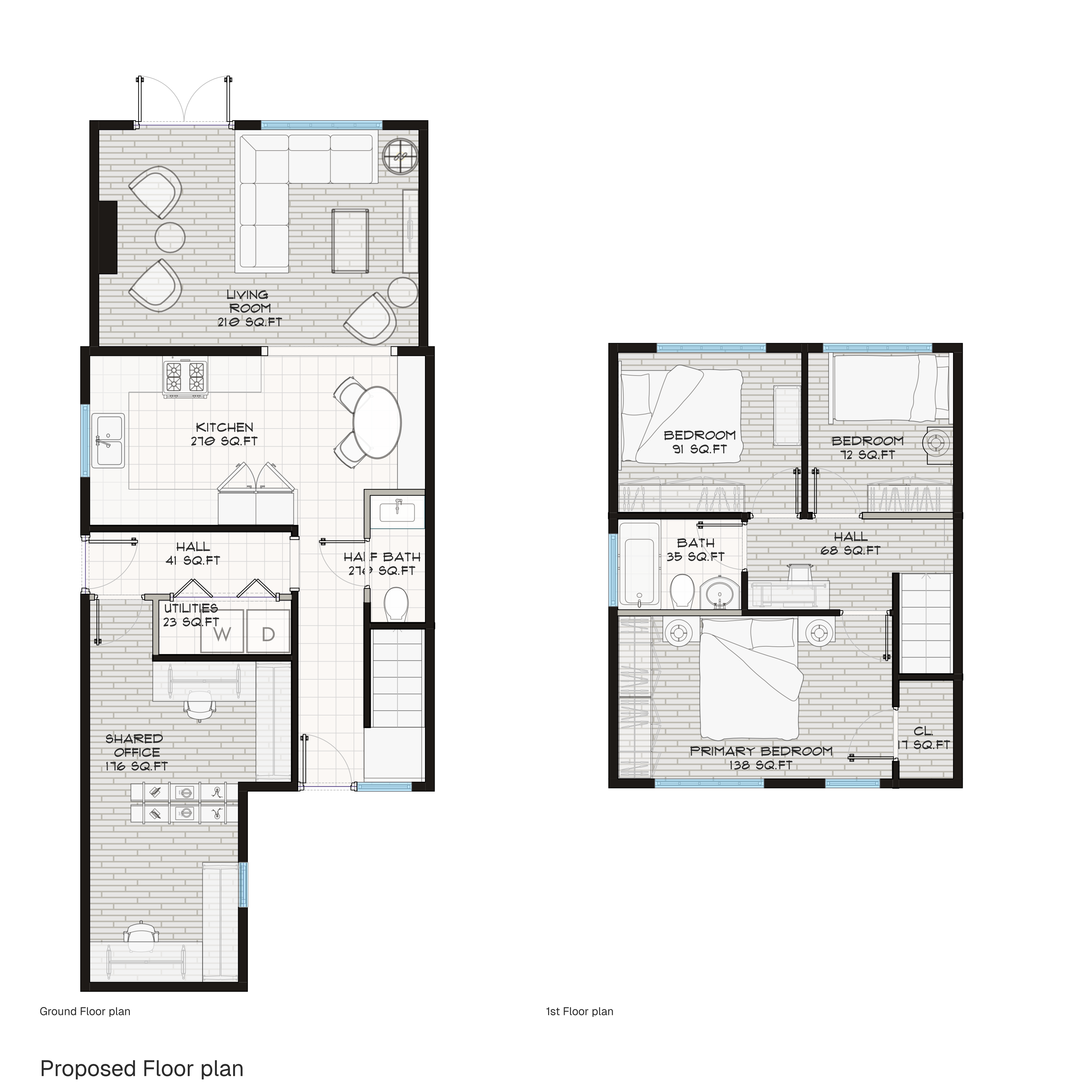 Proposed annotated floor plan — same envelope, reorganized to give every square foot a clear job