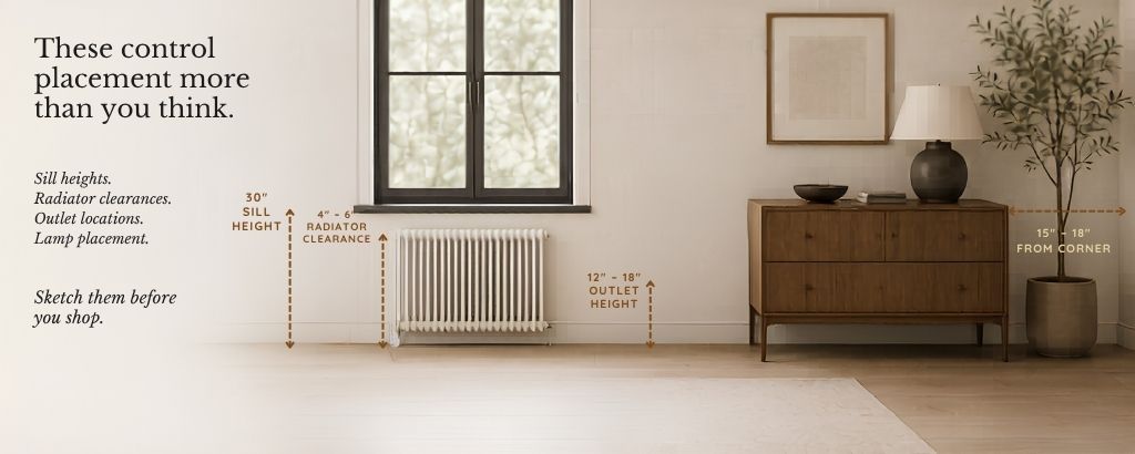 Wall with window, radiator, outlet, lamp, and console showing placement constraints